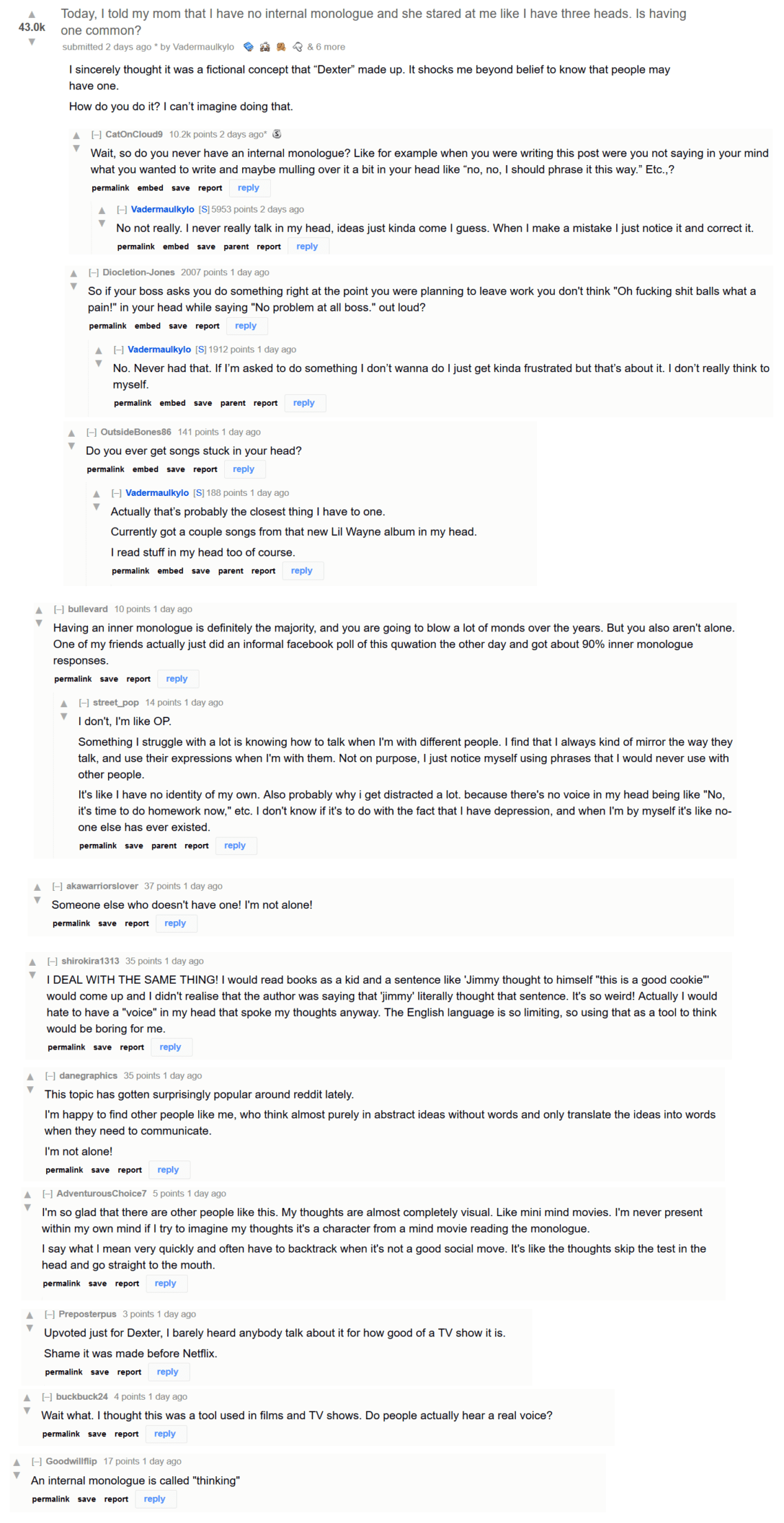 Redditors admit to having no internal monologue.