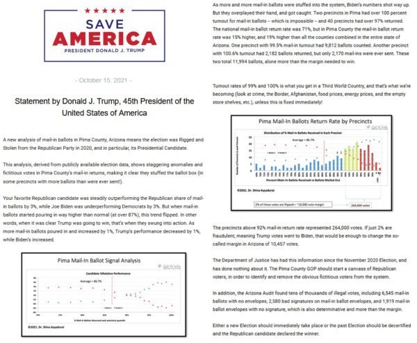 ARIZONA: Trump Calls For New Election Or Immediate
Decertification Citing New Findings From Dr. Shiva In Pima
County 4