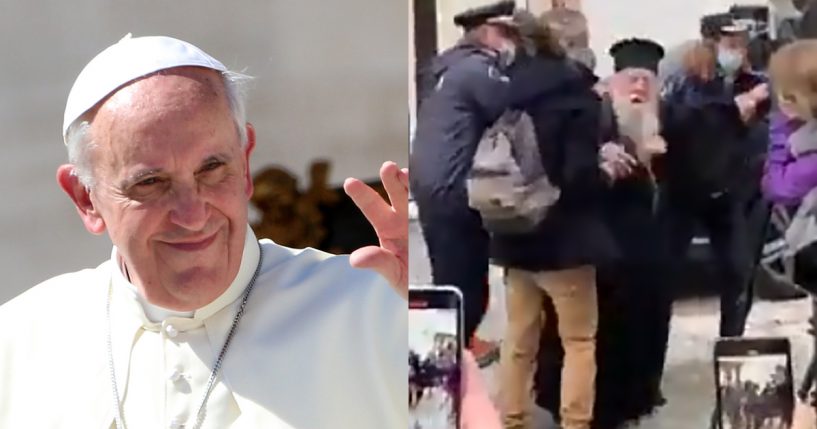 Left: Pope Francis Right: Greek Cleric being taken away by police