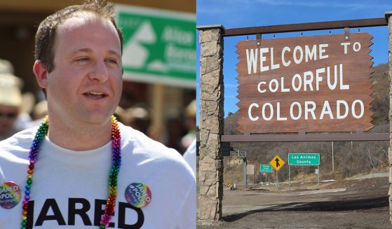 Gov. Jared Polis (Left) Welcome To Colorado Sign (Right)