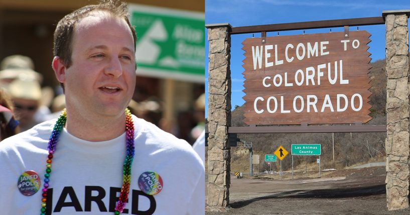Gov. Jared Polis (Left) Welcome To Colorado Sign (Right)