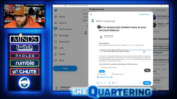 Screen shot from TheQuartering's video showing the Twitter ban