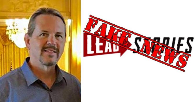 Lead Stories founder next to the logo (composite)