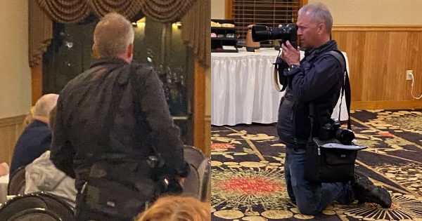 Reuters journalist with his back turned and kneeling, composite