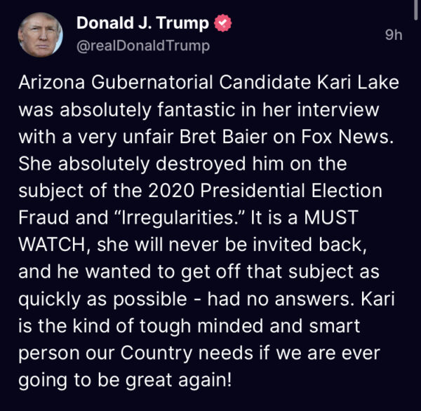 Trump Says Kari Lake ‘Absolutely Destroyed’ Bret Baier
