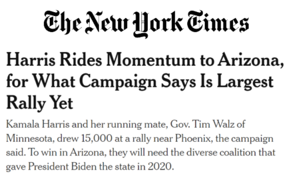 New York Times reports Harris's biggest crowd yet at empty-seat rally.