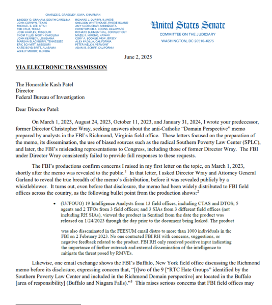 FBI Traditional Catholic Plot Memo by Senator Grassley